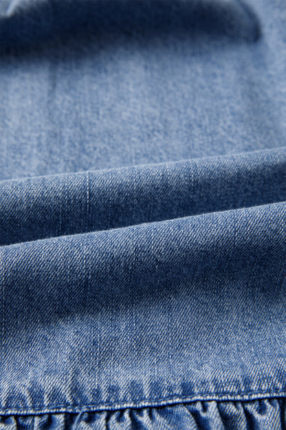 Denim Puff Sleeve Tie V-Neck Ruffle Dress