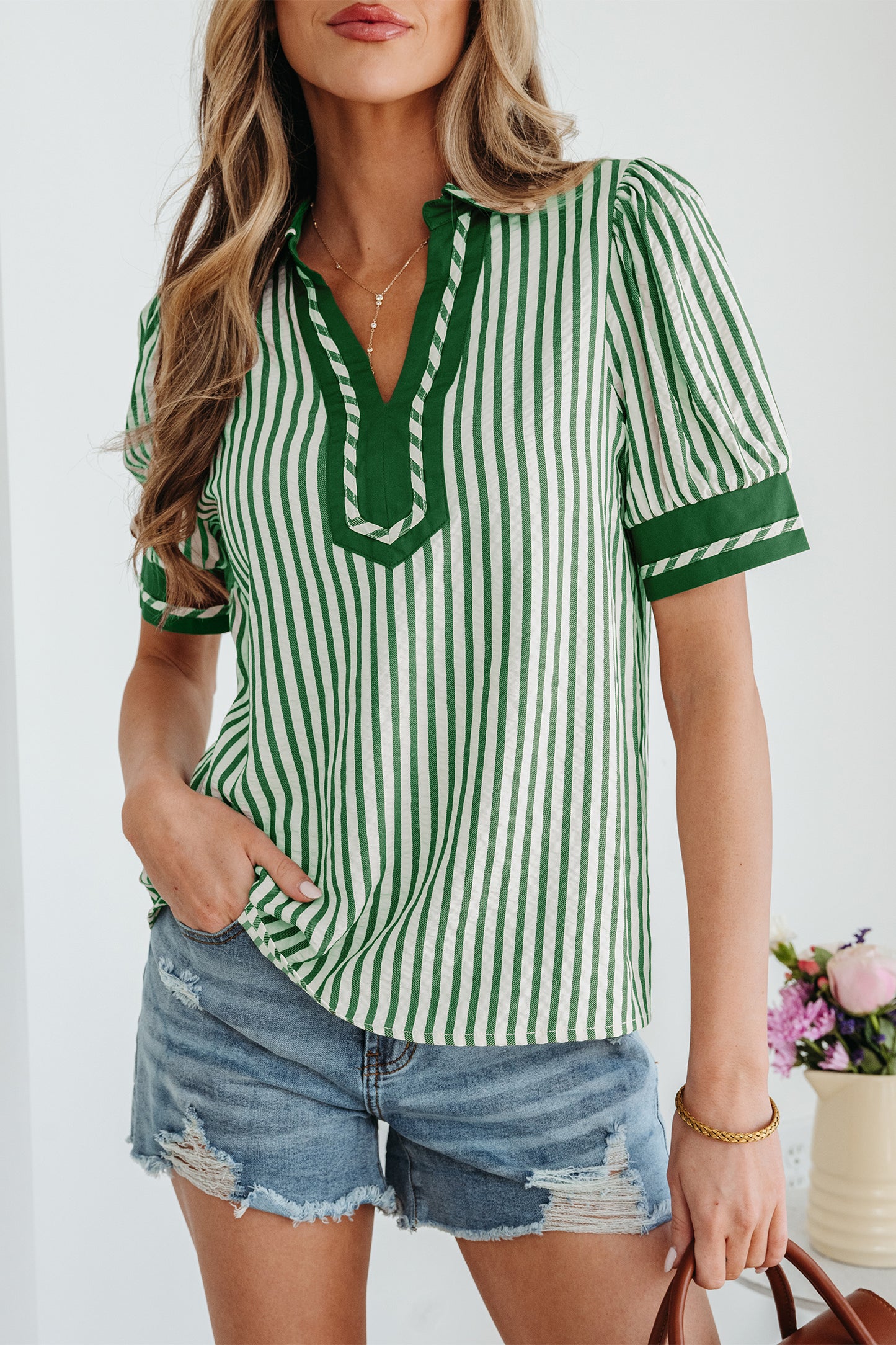 Stripe Collared V-Neck Bubble Sleeve Blouse