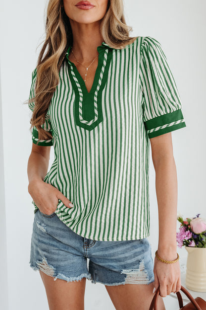 Stripe Collared V-Neck Bubble Sleeve Blouse