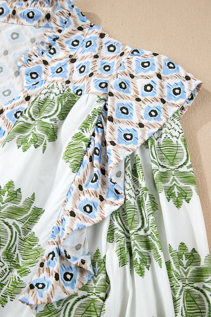 Floral Patchwork Ruffle 3/4 Sleeve Mini Dress