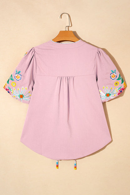 Floral Embroidered Puff Sleeve Split Neck Blouse
