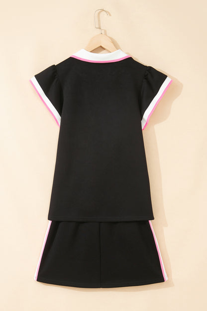 Stripe Trim Polo Tee & Drawstring Skirt Set