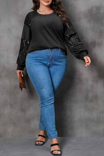 Plus Size Sequin Patchwork Long Sleeve Top