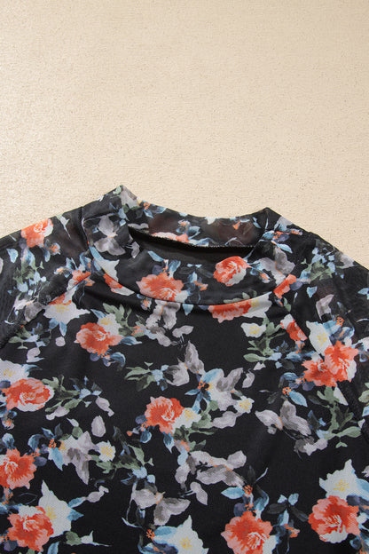 Floral Mesh Thumbhole Long Sleeve Mock Neck Top