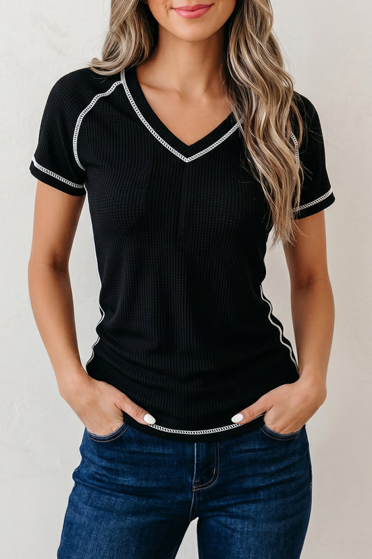 Waffle Textured Contrast Trim V-Neck Tee