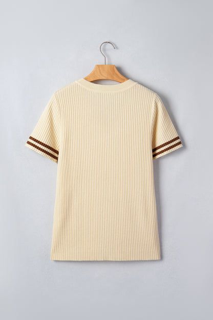 Stripe Contrast Short Sleeve Ribbed V-Neck Sweater