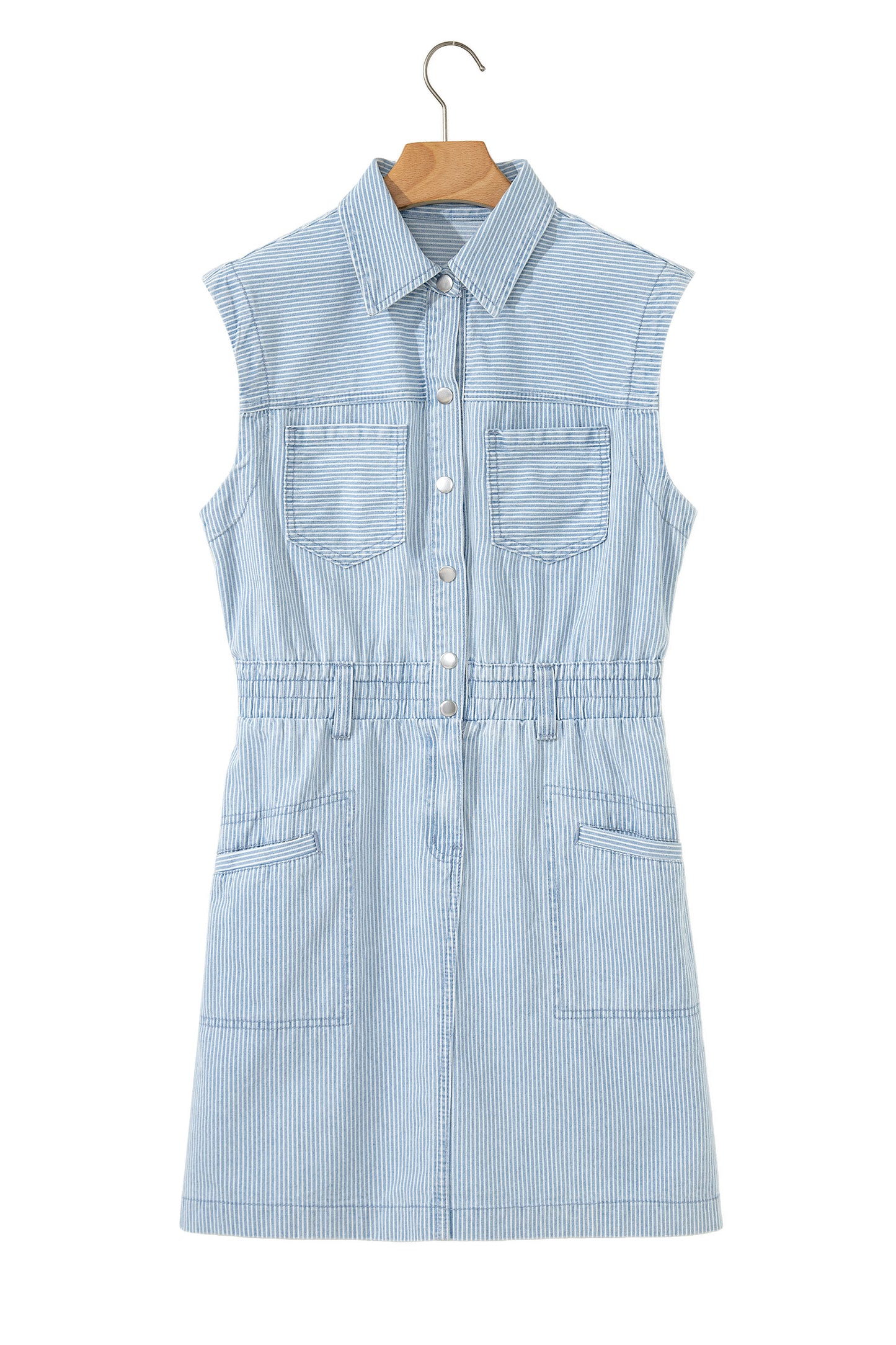 Stripe Denim Collared Button-Front Sleeveless Dress