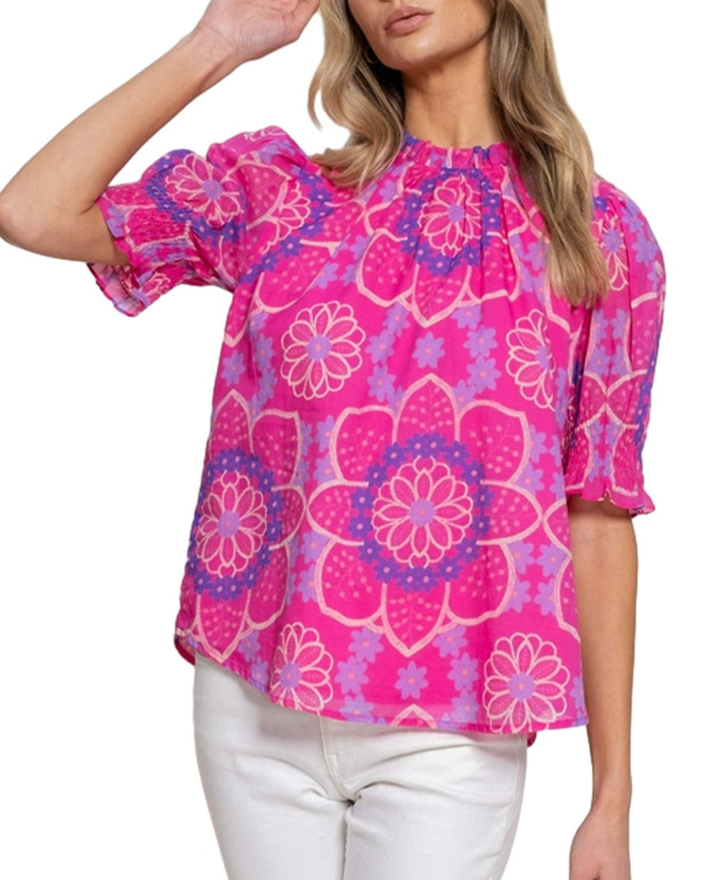 Floral Frilled Neck Puff Sleeve Blouse