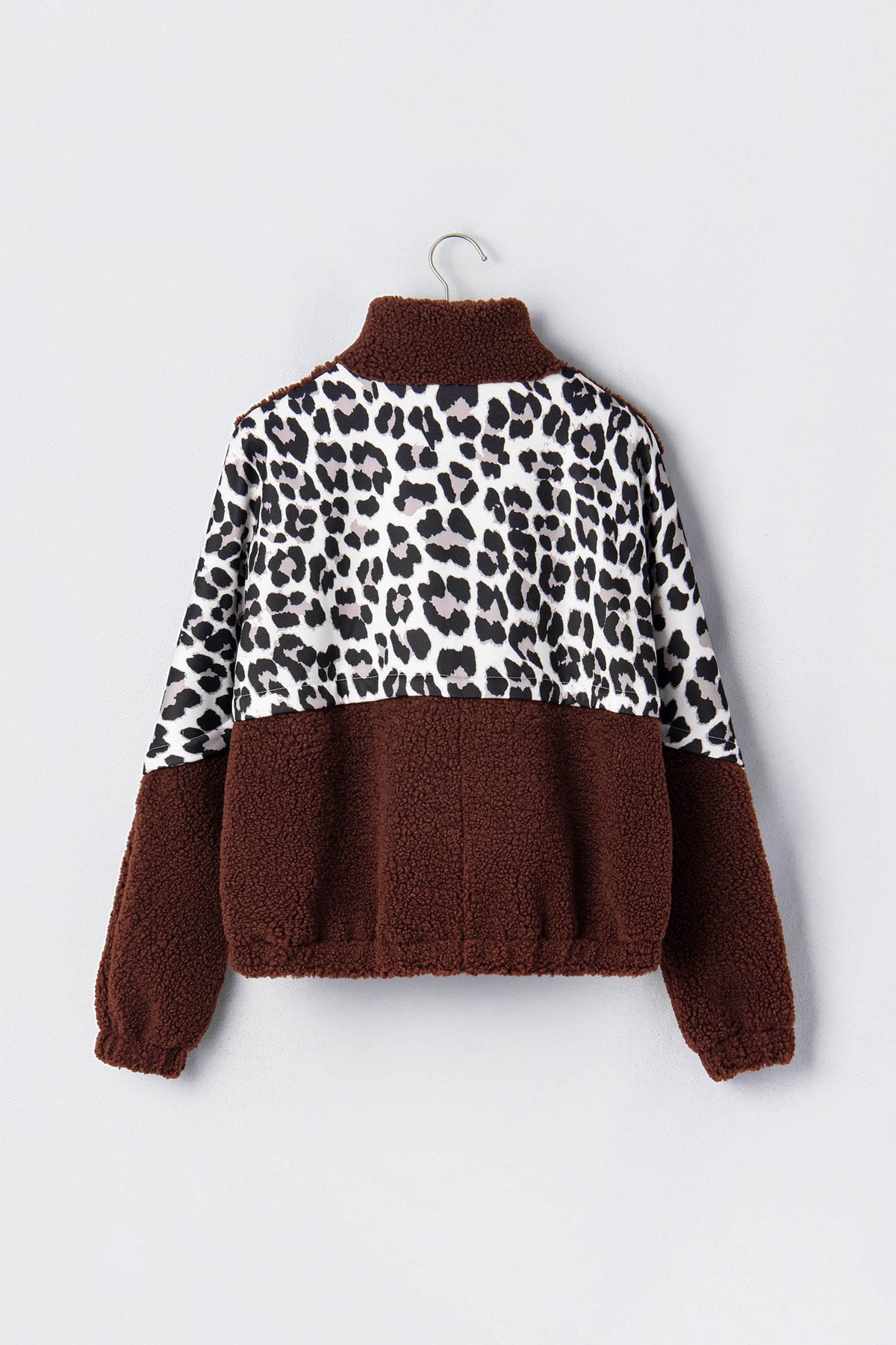 Leopard Patchwork Fleece Zip-Up Collared Jacket