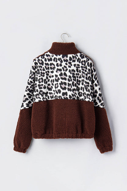 Leopard Patchwork Fleece Zip-Up Collared Jacket
