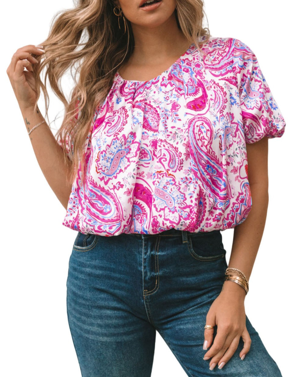 Paisley Short Puff Sleeve Blouse