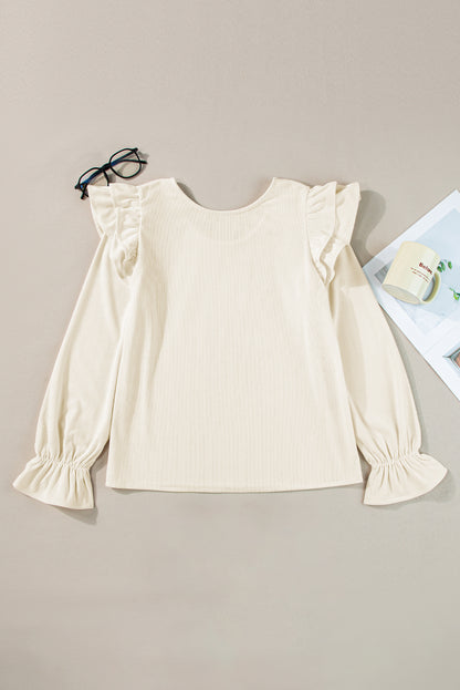 Corduroy Ruffle Flounce Sleeve Blouse