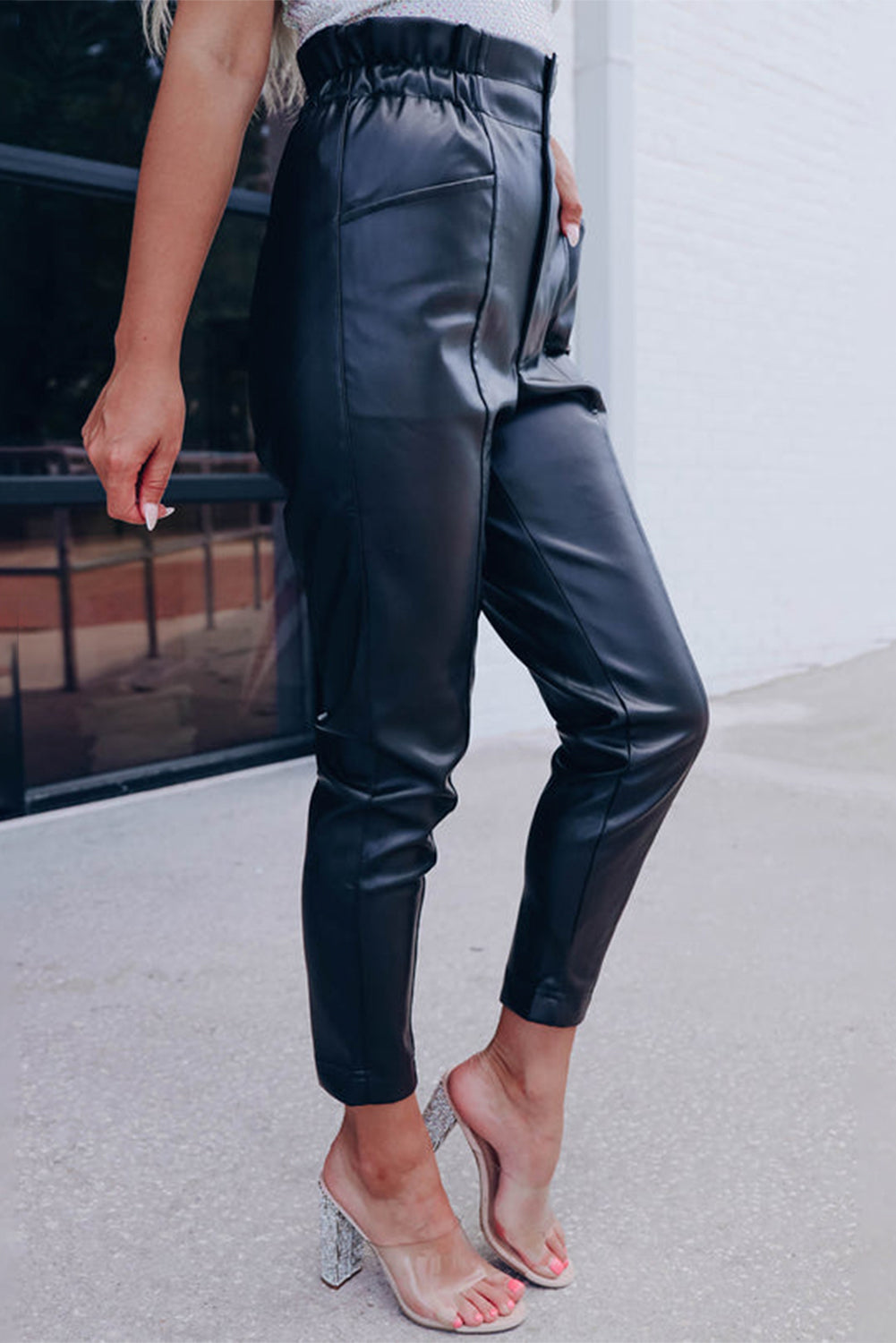 Leather Smocked Waist Skinny Pants