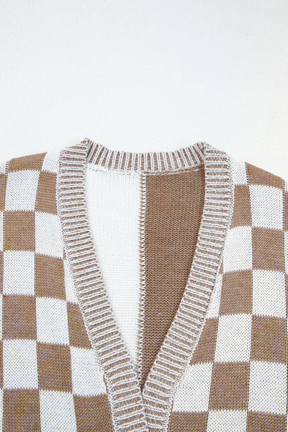 Plus Size Checker Drop Shoulder Open Front Cardigan