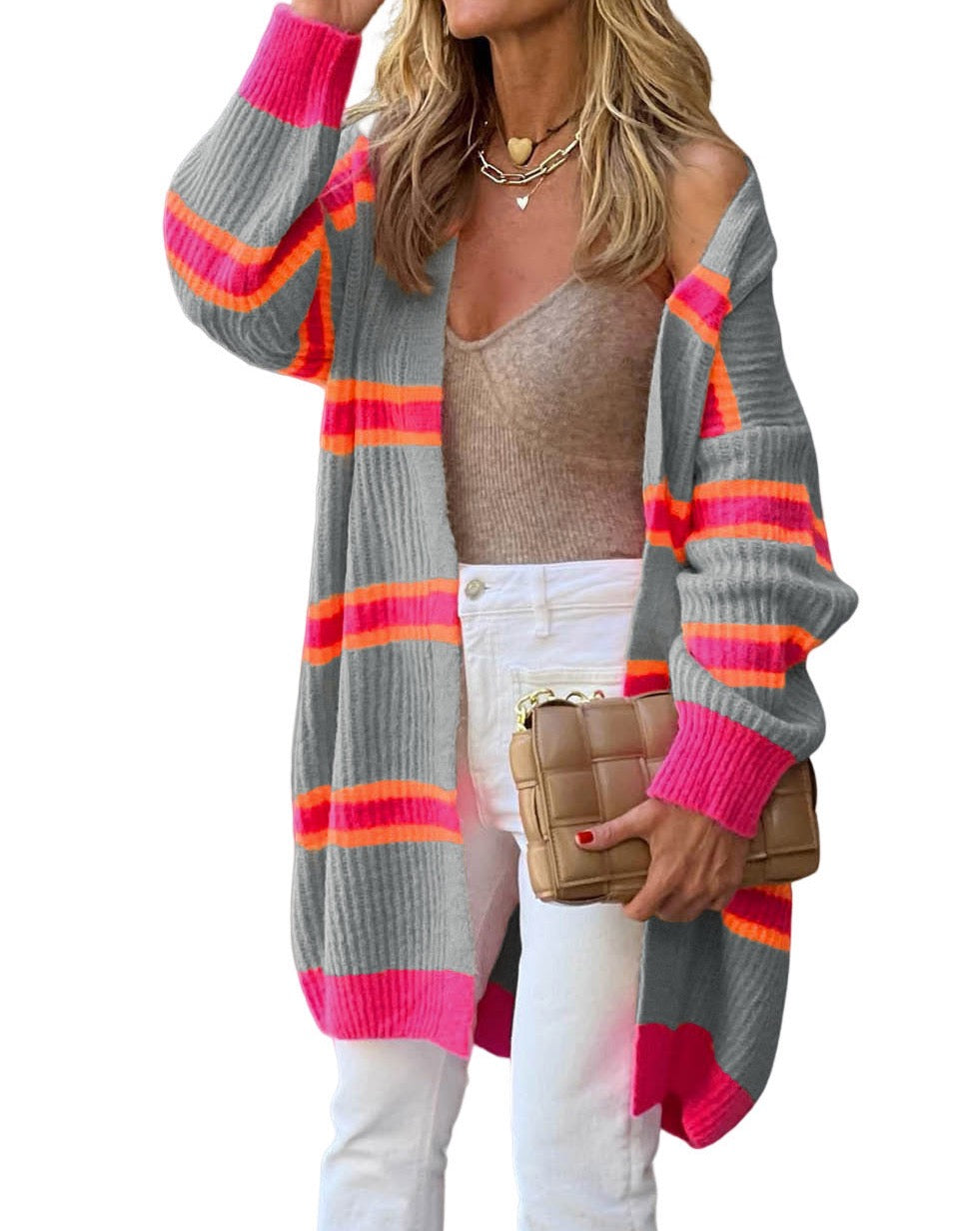 Multicolor Stripe Ribbed Long Cardigan