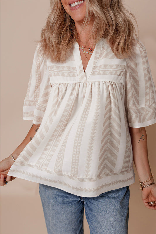 Geometric V-Neck Short Sleeve Blouse