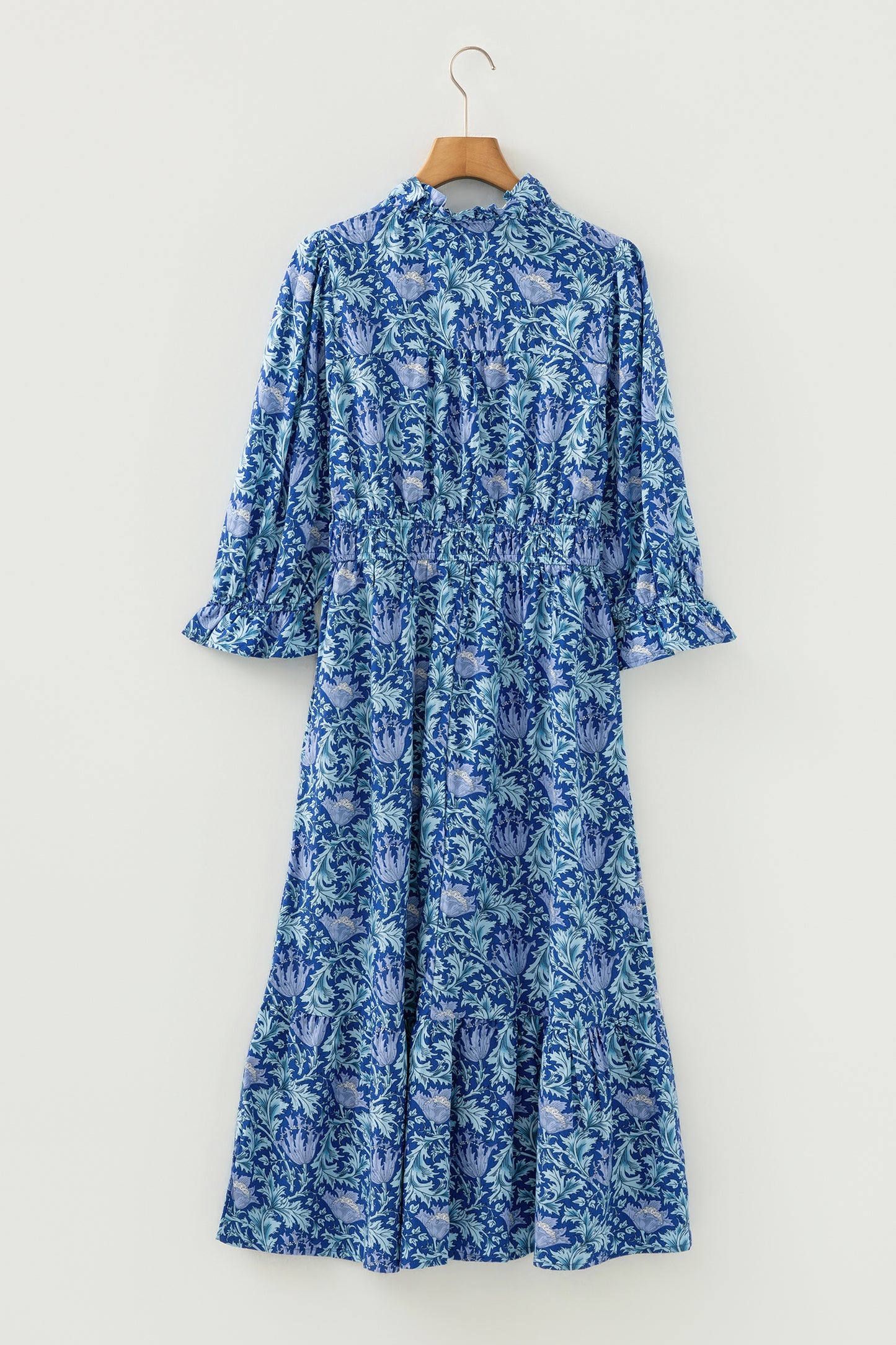 Floral Frilled V-Neck 3/4 Sleeve Midi Dress