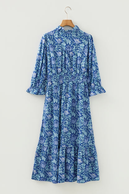 Floral Frilled V-Neck 3/4 Sleeve Midi Dress