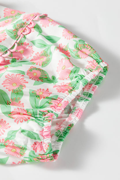 Floral Ricrac Trim Contrast V-Neck Puff Sleeve Dress