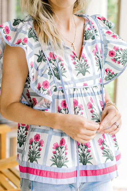 Floral Flutter Sleeve Split V-Neck Top