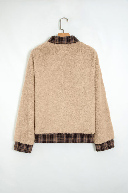 Plaid Patchwork Polo Collar Fleece Sweatshirt