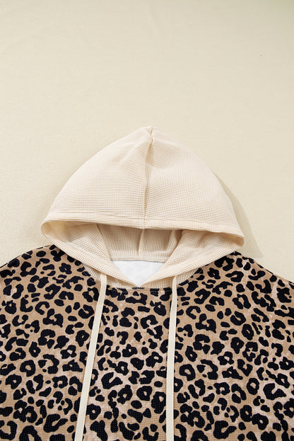 Leopard Waffle Knit Kangaroo Pocket Hooded Sweatshirt