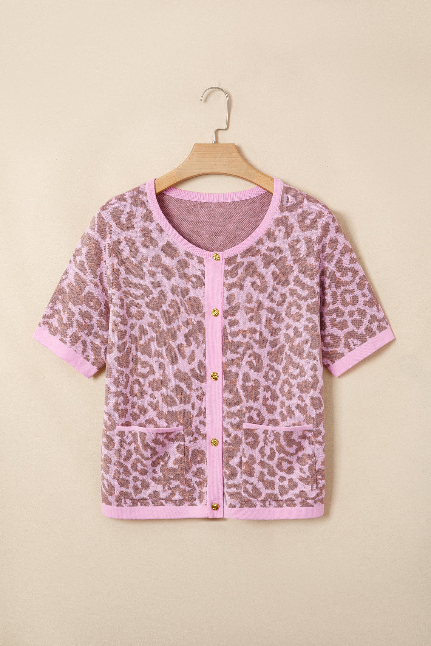 Leopard Button Down Short Sleeve Sweater Cardigan