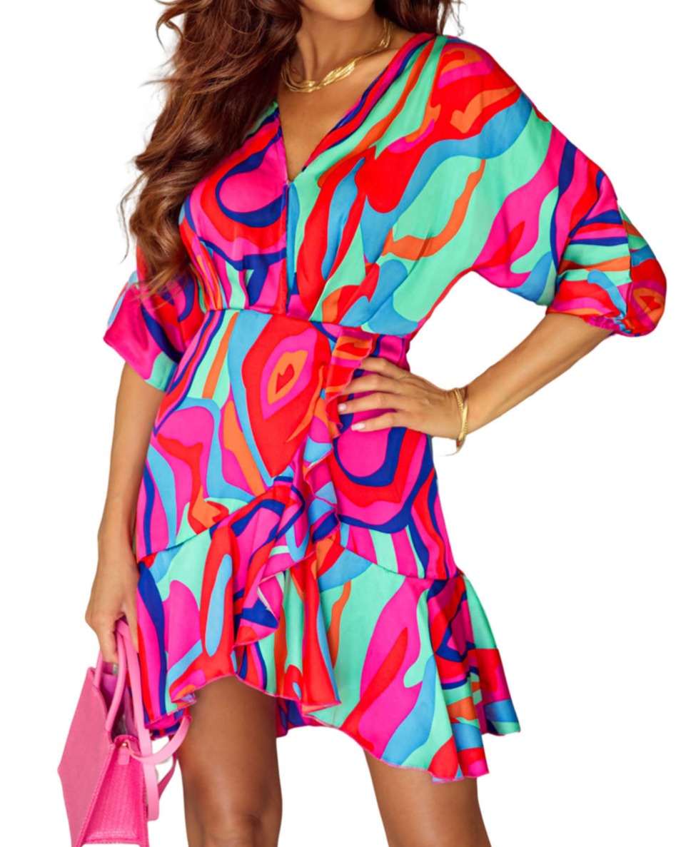 Abstract Ruffle Wrap V-Neck Dress