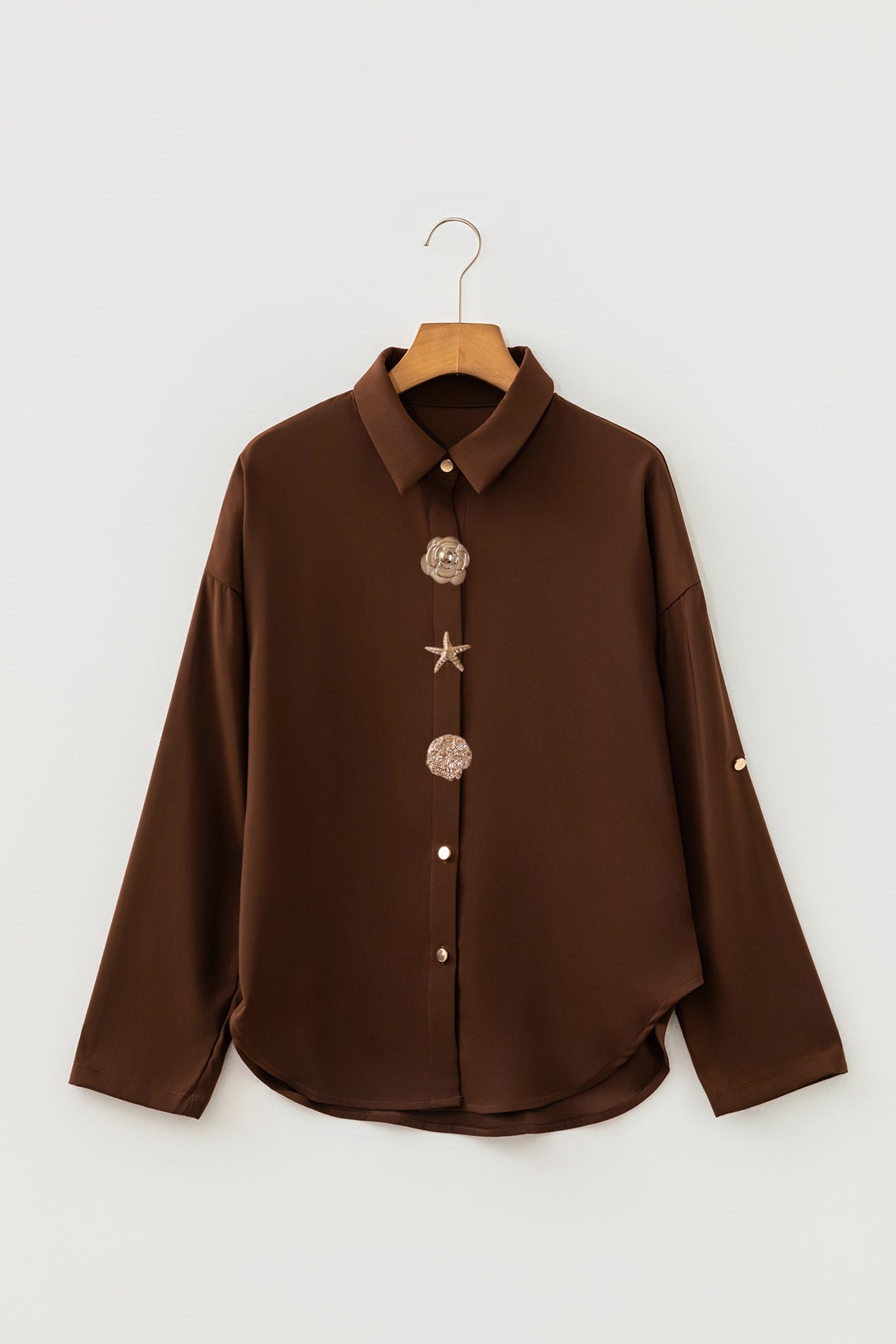Solid Decorative Button Up Long Sleeve Shirt