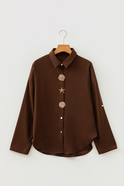 Solid Decorative Button Up Long Sleeve Shirt