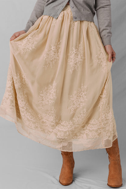 Solid Embroidered Mesh Overlay Midi Skirt