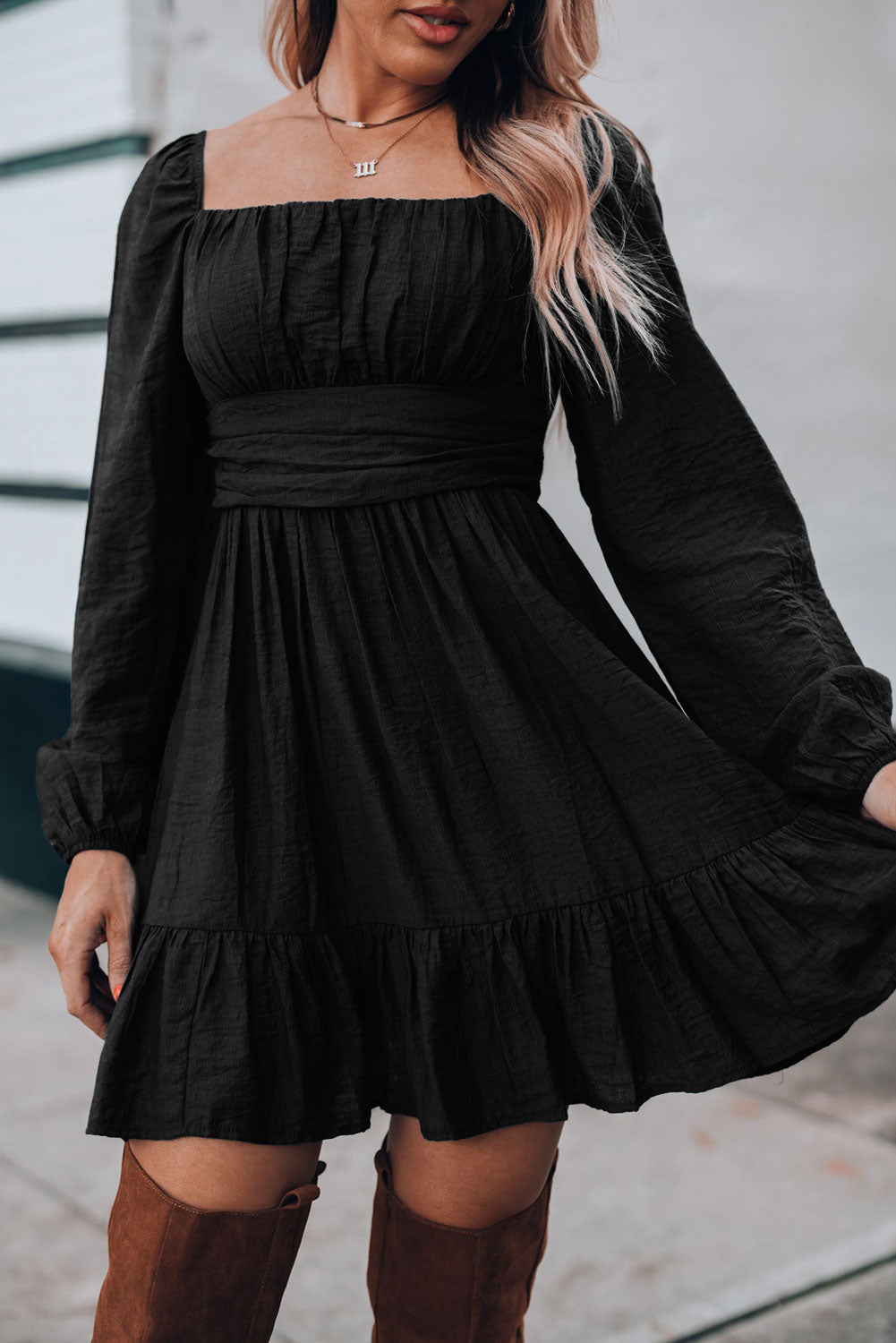 Ruched Square Neck Puff Sleeve Dress