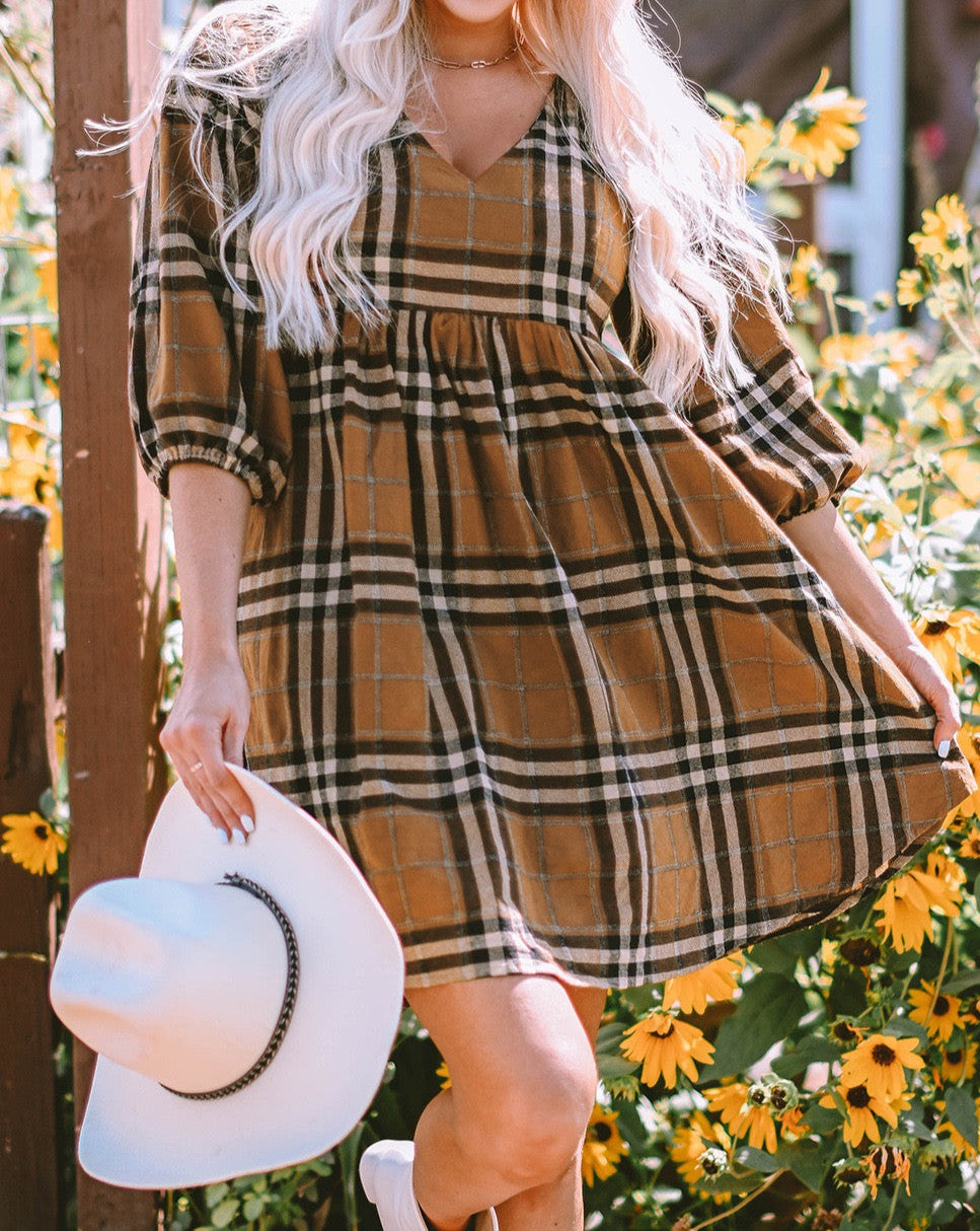 Plaid Puff Sleeve Babydoll Dress