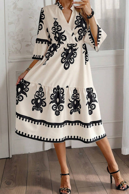 Western Geometric 3/4 Sleeve Midi Dress