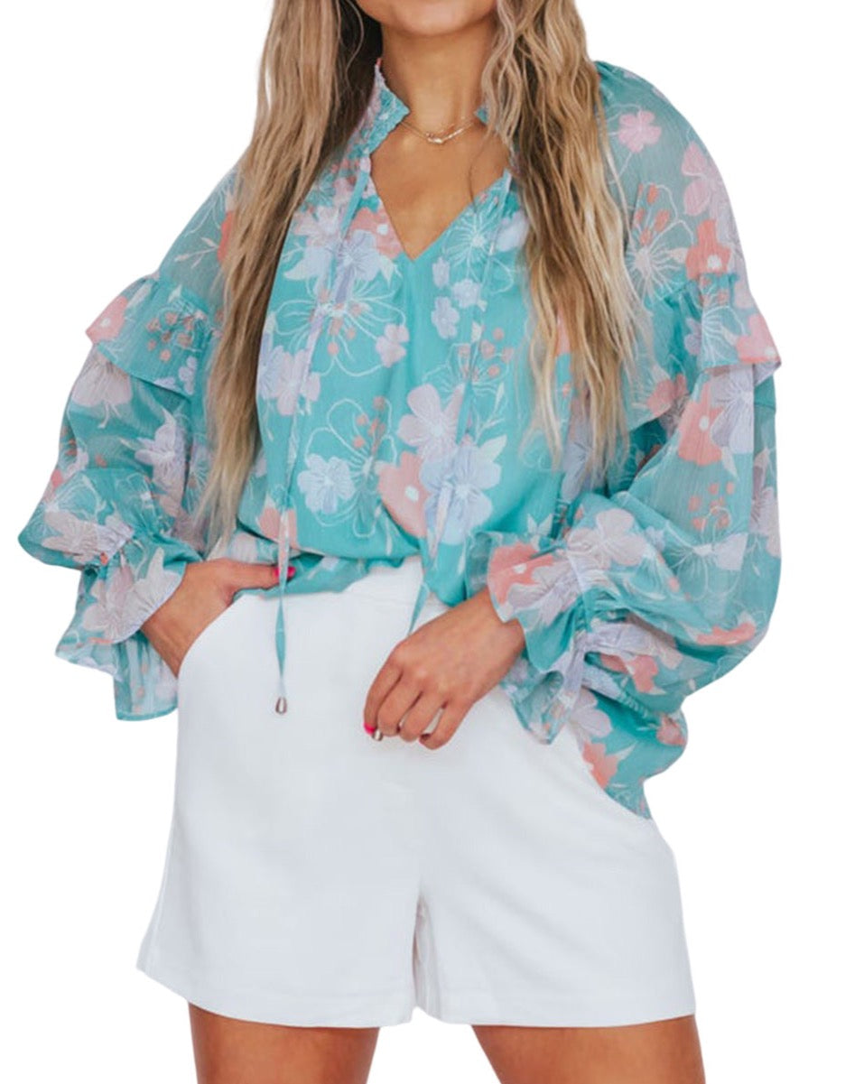 Floral Ruffle Balloon Sleeve Blouse