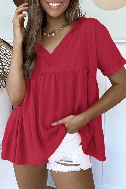 Linen Ruffle V-Neck Babydoll Blouse