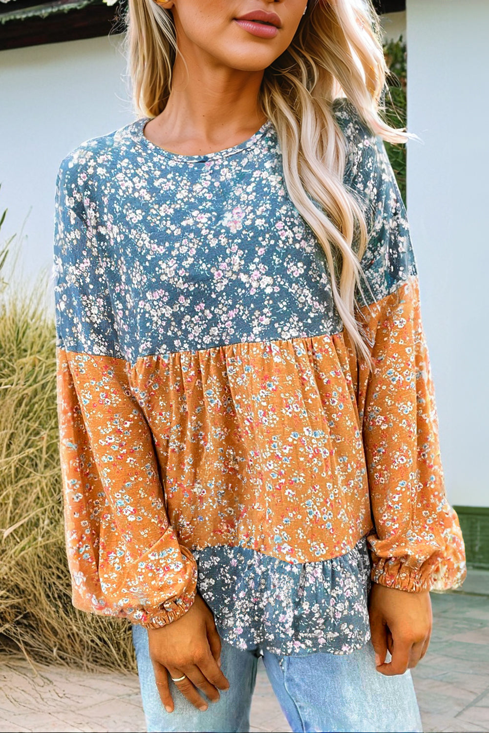 Floral Colorblock Ruffle Hem Blouse