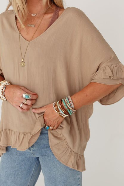 Ruffle Short Sleeve V-Neck Blouse