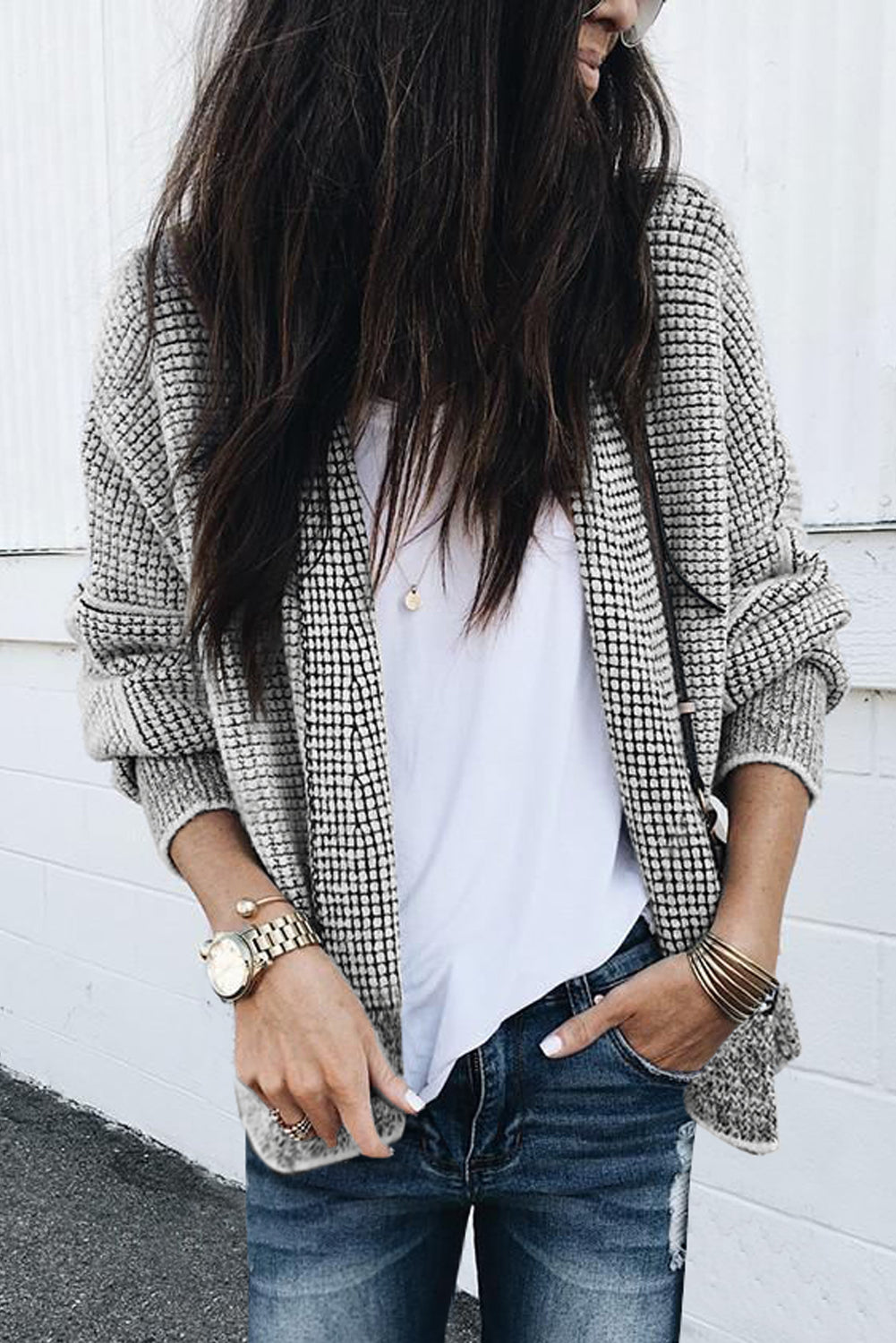 Checker Open Front Textured Cardigan