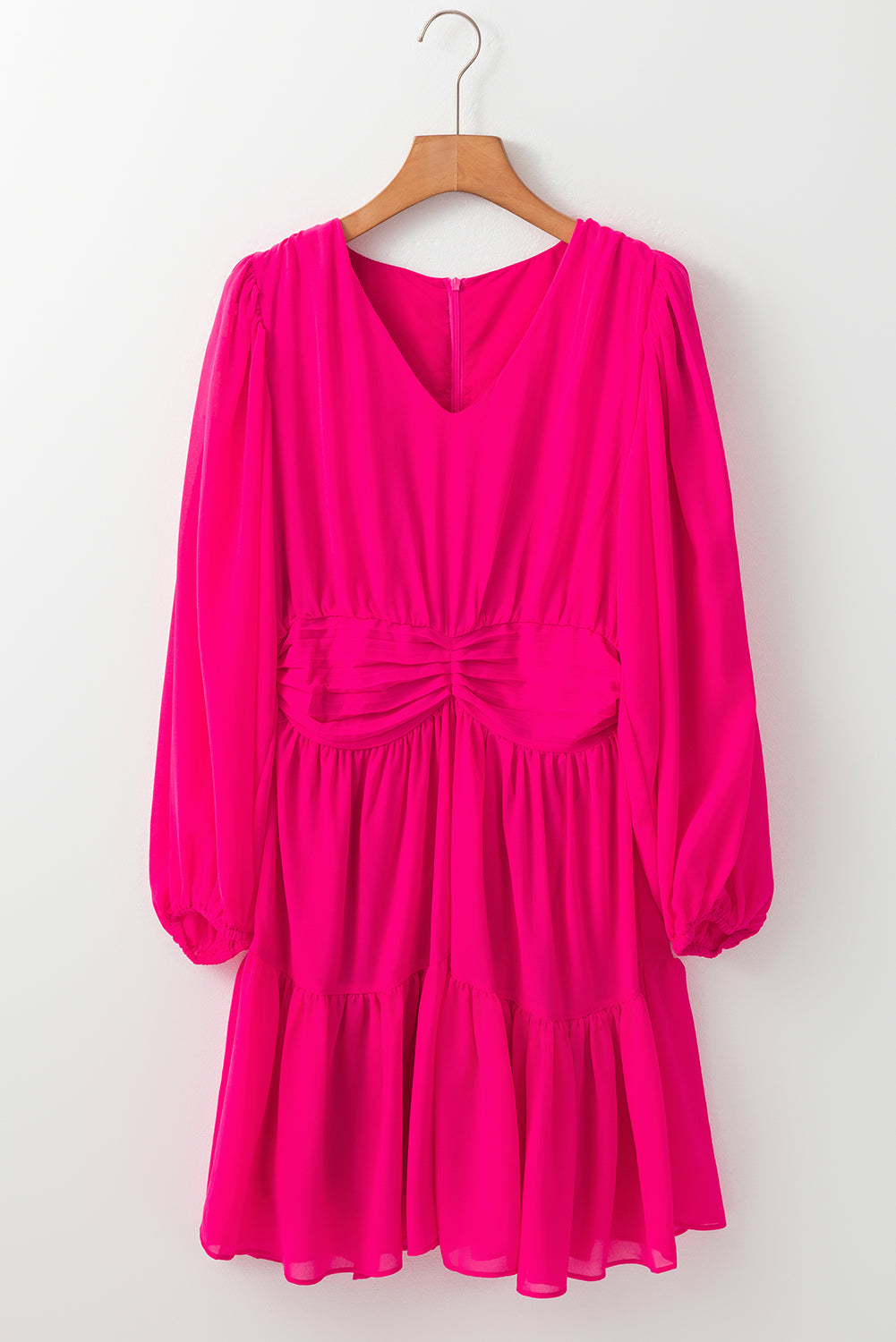 Pleated Puff Sleeve V-Neck Dress