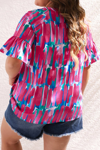 Abstract Ruffle Sleeve Buttoned Blouse Plus Size