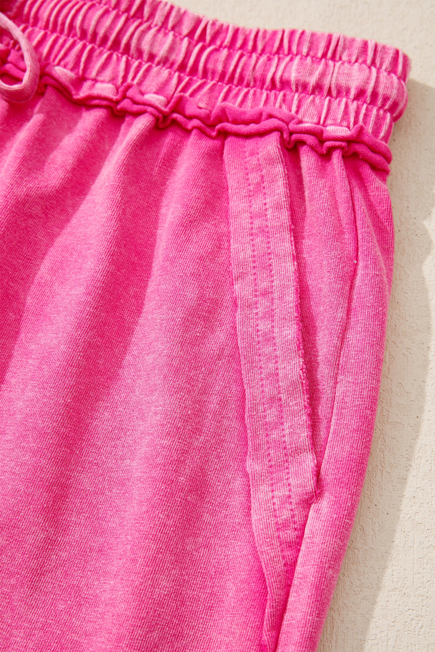 Mineral Wash Drawstring Elastic Waist Raw Edge Shorts