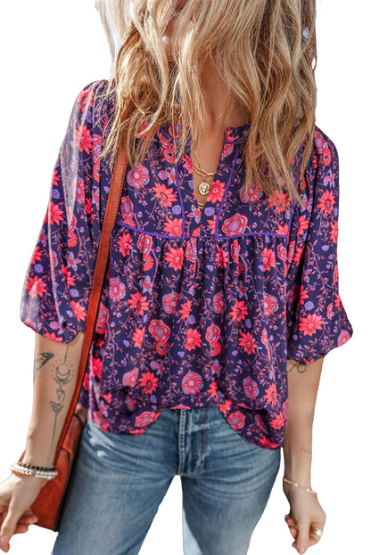 Floral 3/4 Puff Sleeve Blouse