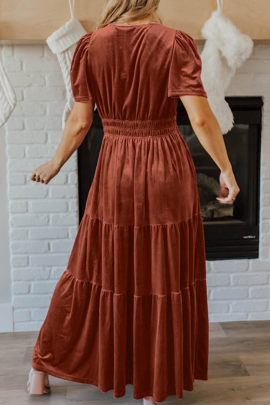 Velvet Shirred Waist Maxi Dress