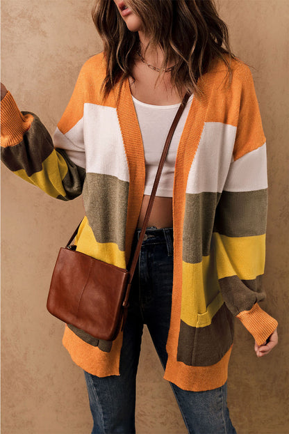 Colorblock Open Front Pocketed Cardigan