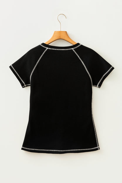 Waffle Textured Contrast Trim V-Neck Tee