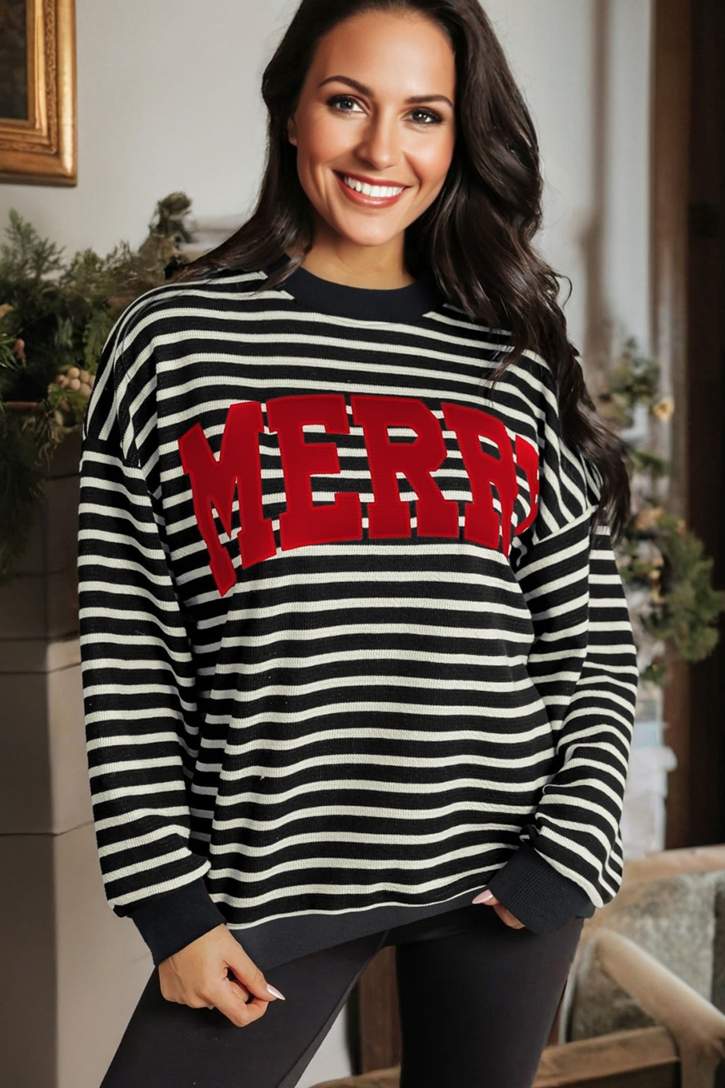 Christmas Stripe Contrast MERRY Drop Shoulder Sweatshirt