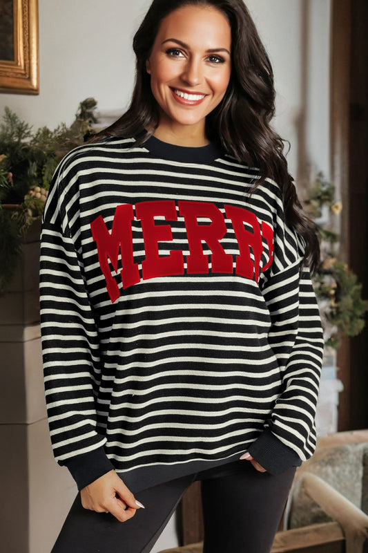 Christmas Stripe Contrast MERRY Drop Shoulder Sweatshirt