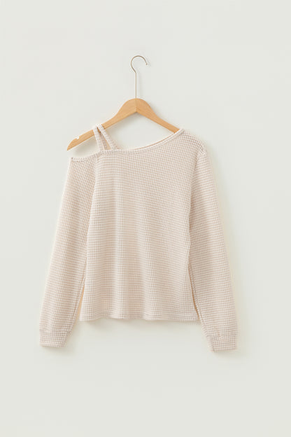 Textured Knit Asymmetric Shoulder Long Sleeve Top