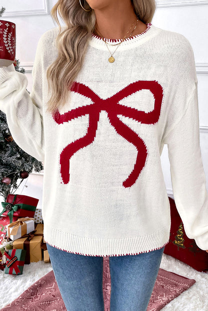 Bow Contrast Trim Christmas Sweater